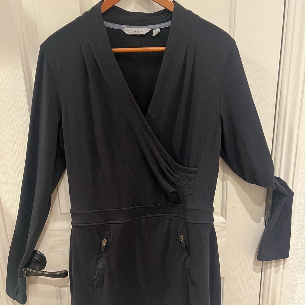 Athleta Black Wrap Front Long Sleeve Knit Dress.